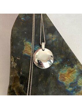 Sterling Silver 925 Round Hollow Puffy Disc Pendant Necklace 18.25"